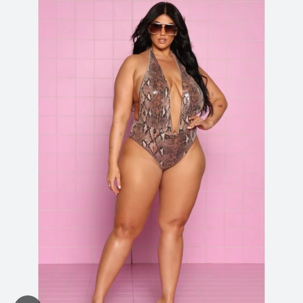 FASHION NOVA VACATION JET SEQUIN ONE PIECE SWIMSUIT,  TAUPE COMBO 3X